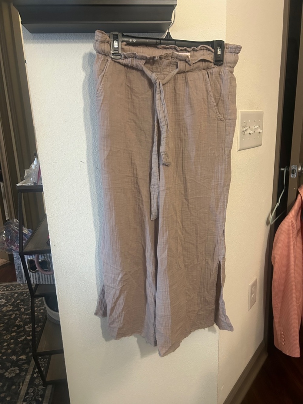 Sincerly Jules Taupe Gauze Drawstring Wide-Leg Slit